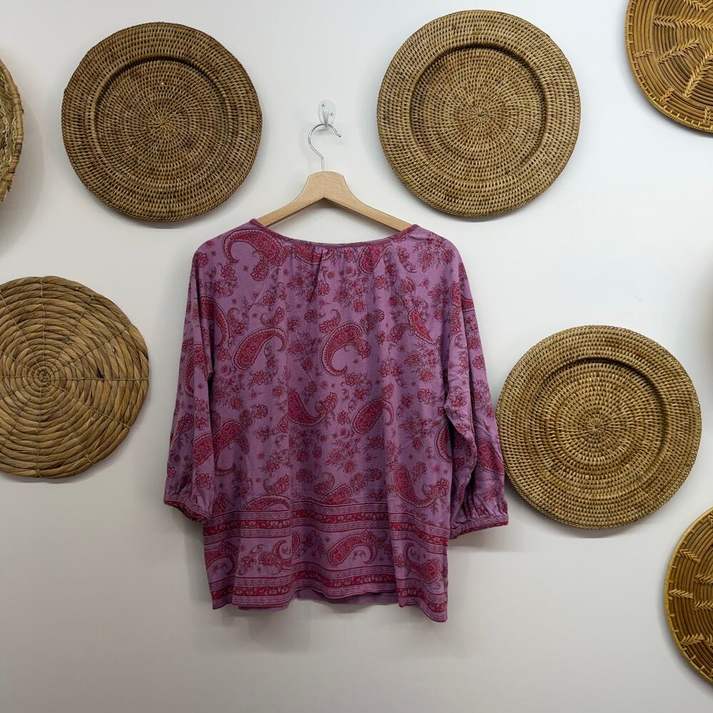 J. Jill Split Neck Border Printed Top Large PETITE LP Purple Cotton Paisley - Picture 3 of 5
